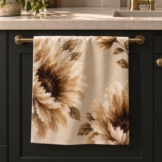 Mulberry & Stone floral cotton linen tea towel with oversized painterly flowers in soft cream, taupe, caramel and espresso tones