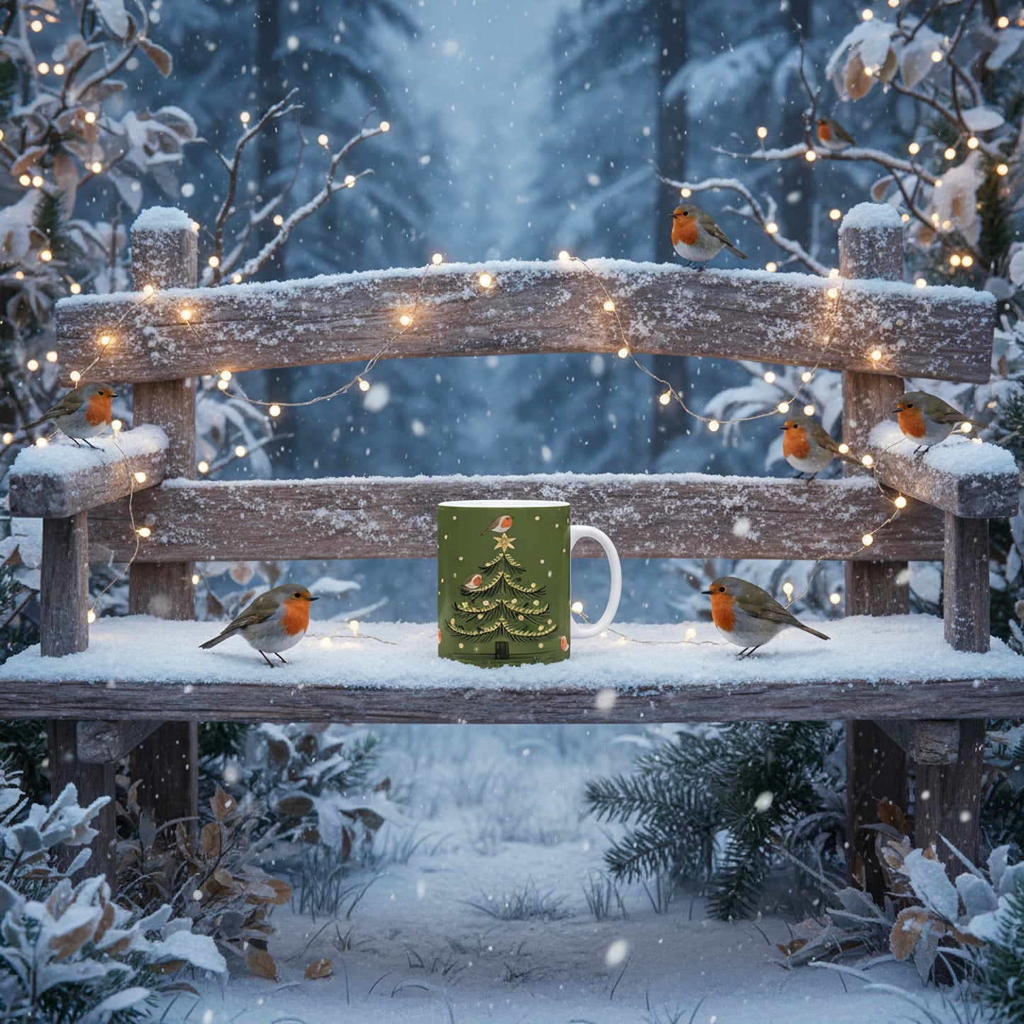 Festive Holiday Ceramic Mug with Christmas Tree and Robins