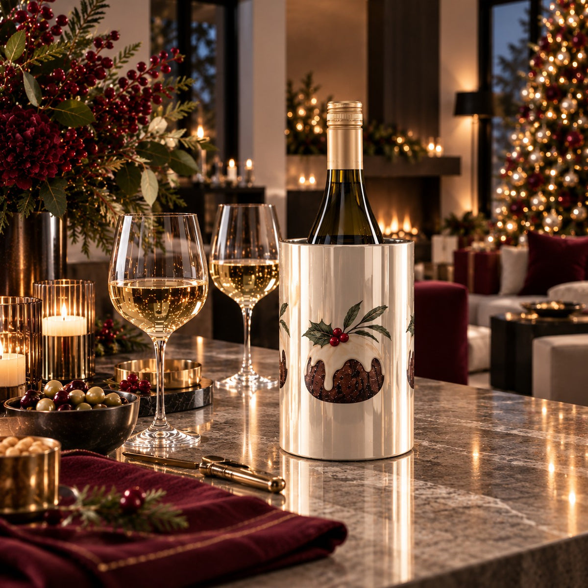 Christmas Pudding Wine Cooler styled for a luxury Christmas drinks party