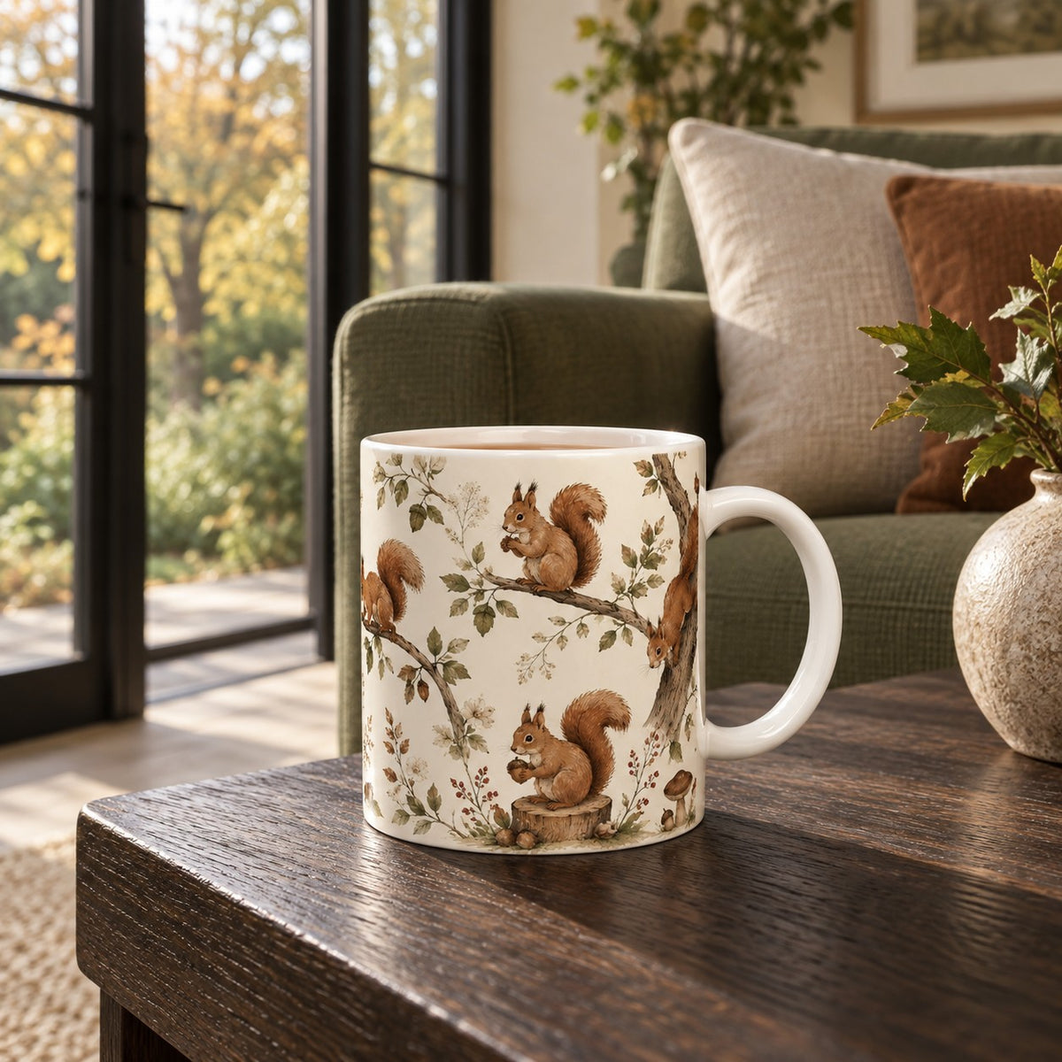 Woodland Squirrel fine bone china mug featuring illustrated red squirrels amongst branches, acorns, berries and woodland foliage on warm ivory