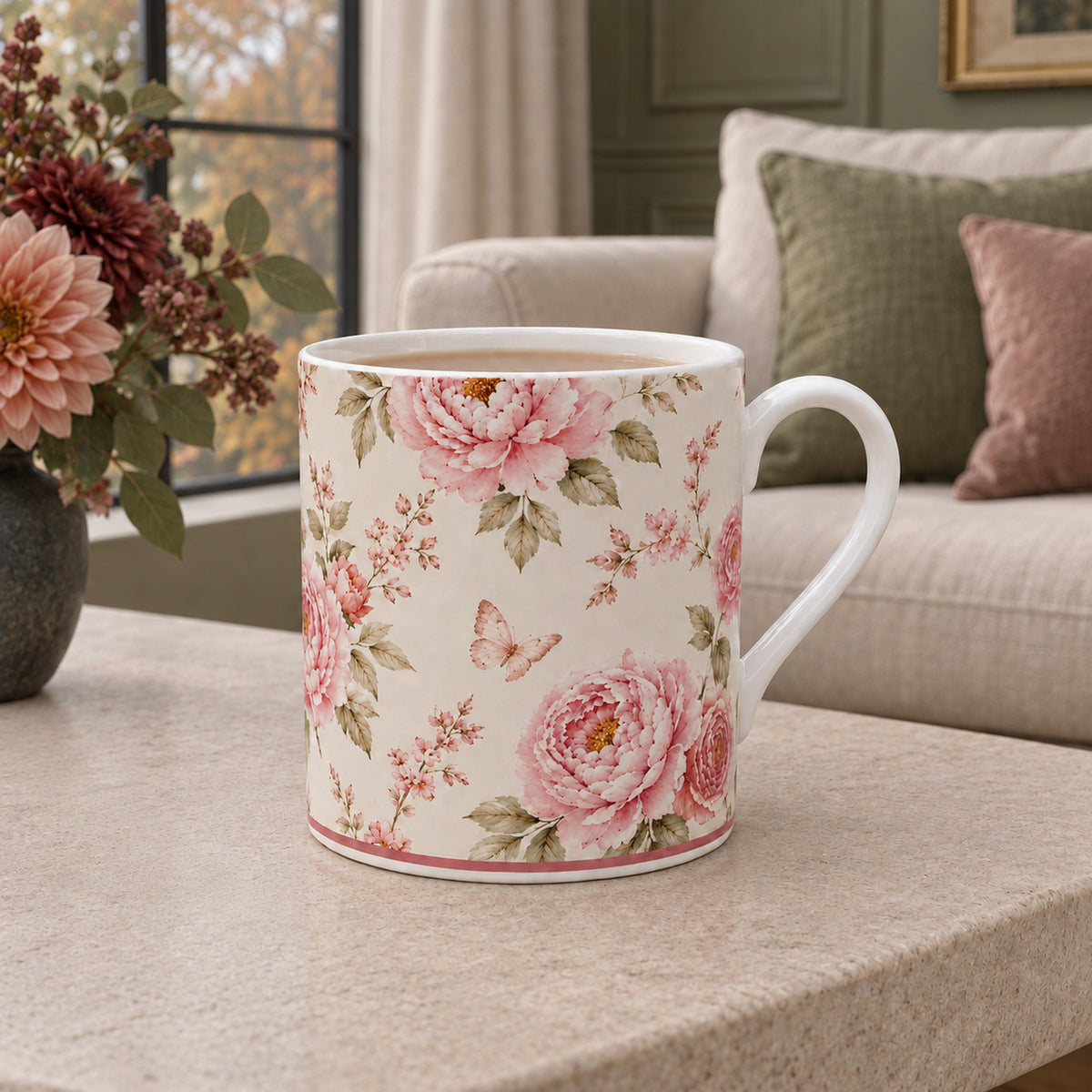 Country Garden Peony fine bone china mug with blush pink peonies, delicate flowering stems, butterfly and muted green foliage on warm ivory