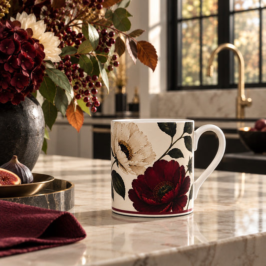 Burgundy Peony fine bone china mug with a deep burgundy peony, antique cream flower and dark green foliage on a warm ivory ground