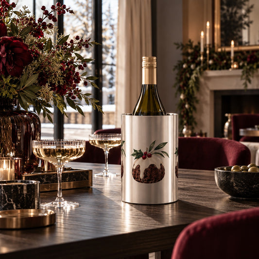 Christmas Pudding Wine Cooler with glossy metallic stainless steel finish