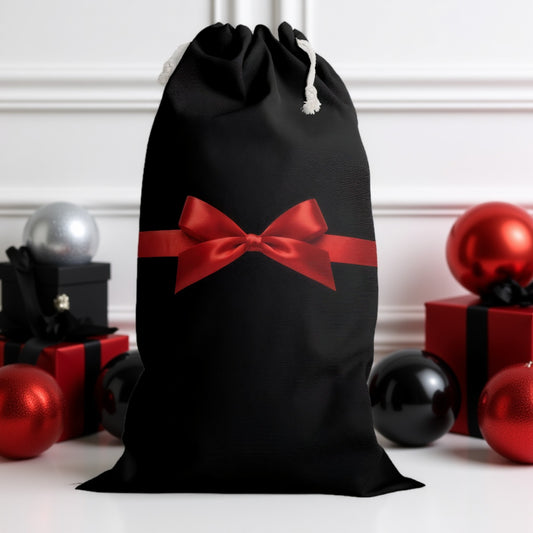 Chic Black Holiday Sack with Red Bow - Christmas Gift Storage