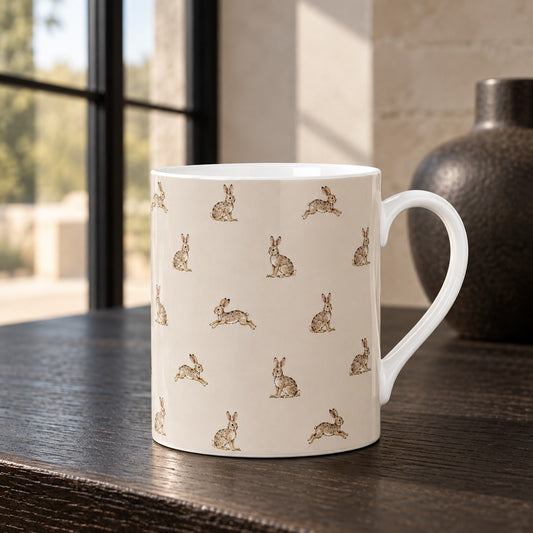 Hare Ceramic Mug with repeating illustrated hare design