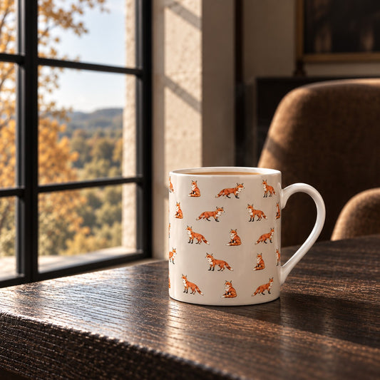 Woodland Wildlife Fox Ceramic Mug with repeating illustrated red foxes on a soft neutral background