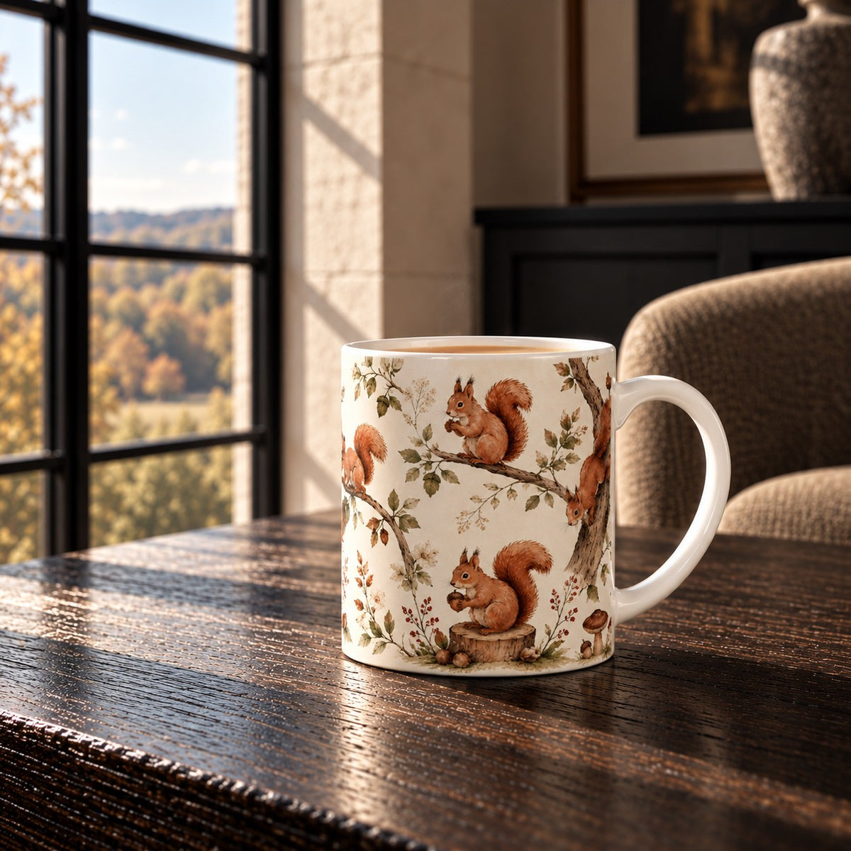 Woodland Squirrel fine bone china mug featuring illustrated red squirrels amongst branches, acorns, berries and woodland foliage on warm ivory