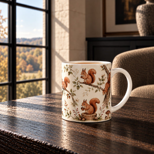 Woodland Squirrel fine bone china mug featuring illustrated red squirrels amongst branches, acorns, berries and woodland foliage on warm ivory