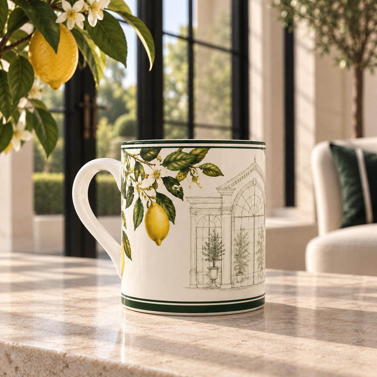 The Orangery Lemon House fine bone china mug featuring a lemon branch with white blossom, architectural glasshouse drawing and deep green borders