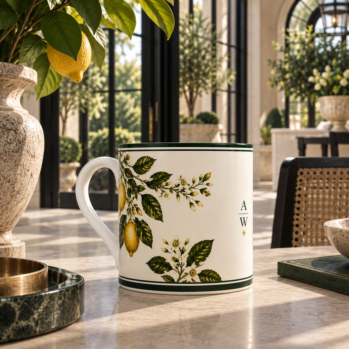 The Orangery Lemon Blossom fine bone china mug with lemon branches, white flowers, deep green foliage, green borders and A&W monogram