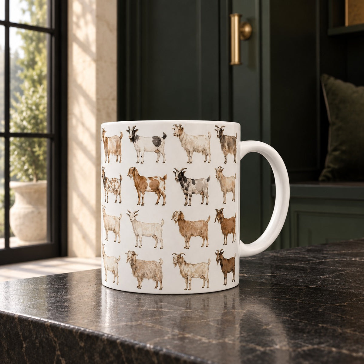 White ceramic goat mug featuring illustrated goats in cream, brown, taupe and grey