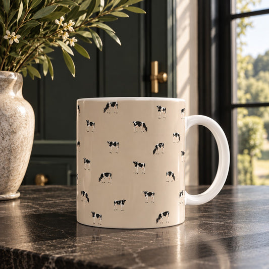 Farmyard Cows ceramic mug with illustrated black and white dairy cows standing and grazing on a soft warm neutral background