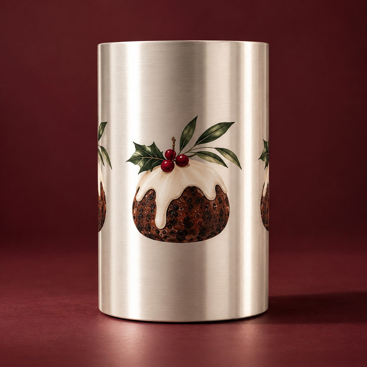 Metallic Christmas Pudding Wine Cooler on a deep burgundy background
