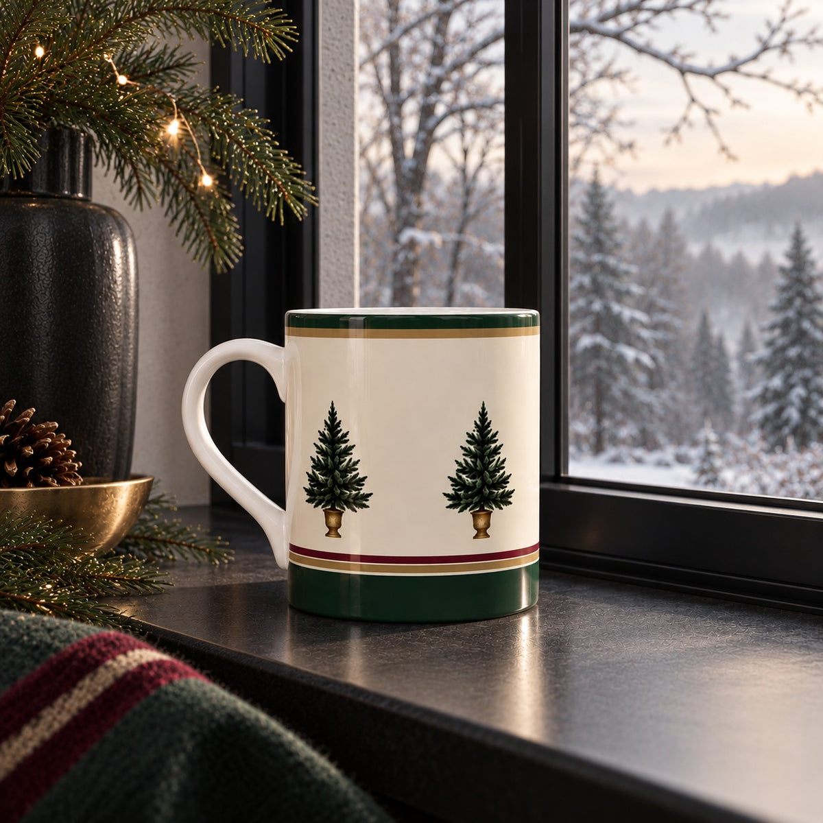 Fine bone china Christmas tree mug with evergreen trees, forest green, burgundy and gold striped design