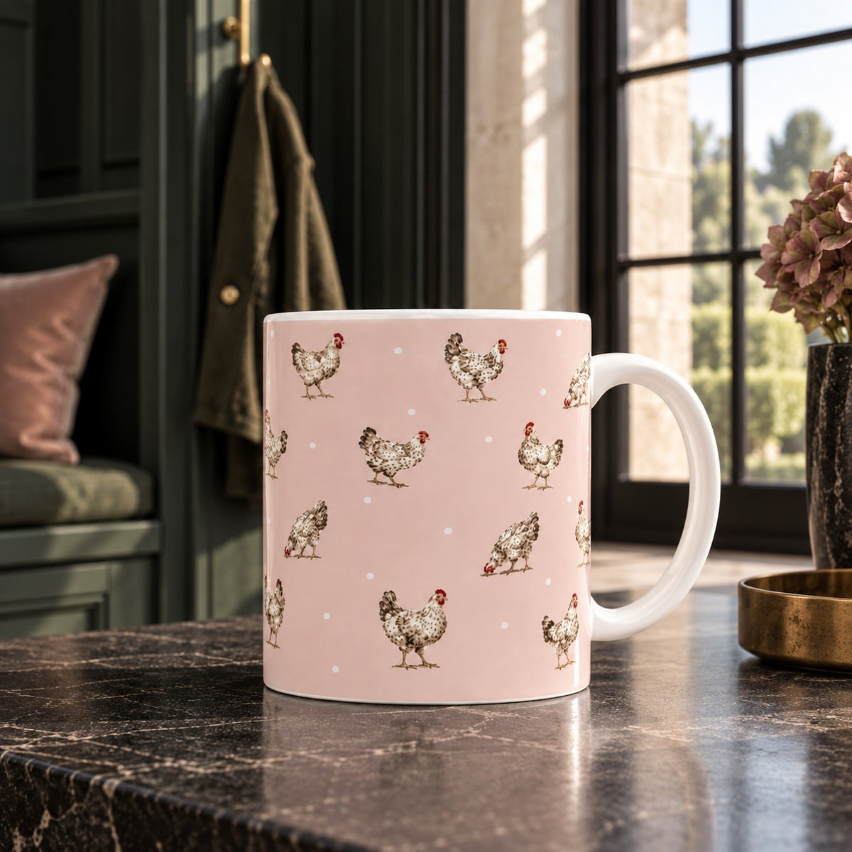 Farmyard Hens ceramic mug with illustrated speckled chickens on a soft blush pink background