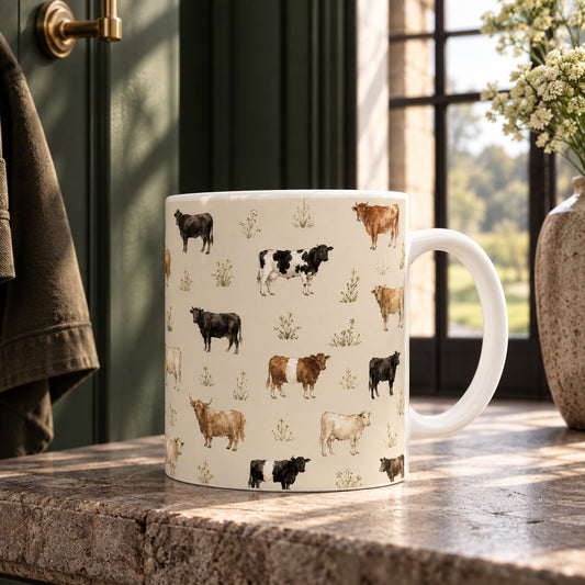 Farmhouse Friends Cow Ceramic Mug with repeating illustrated cattle and botanical details on a warm neutral background