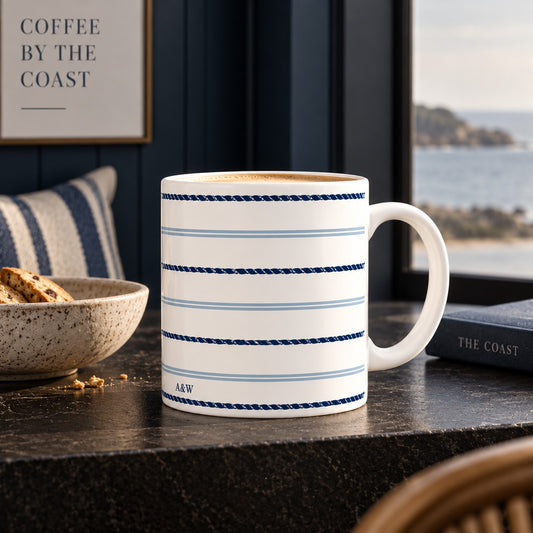 Coastal Rope fine bone china mug with navy sailing rope bands, pale blue stripes and subtle A&W detailing on warm ivory