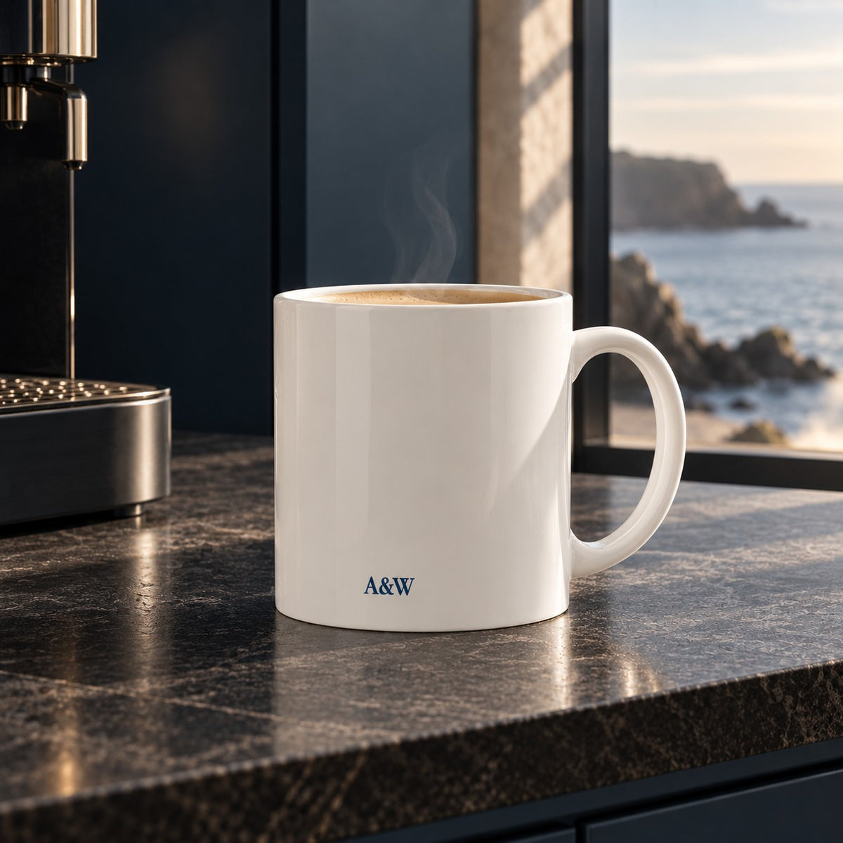 Coastal Club Signature fine bone china mug in warm ivory with understated navy A&W detailing