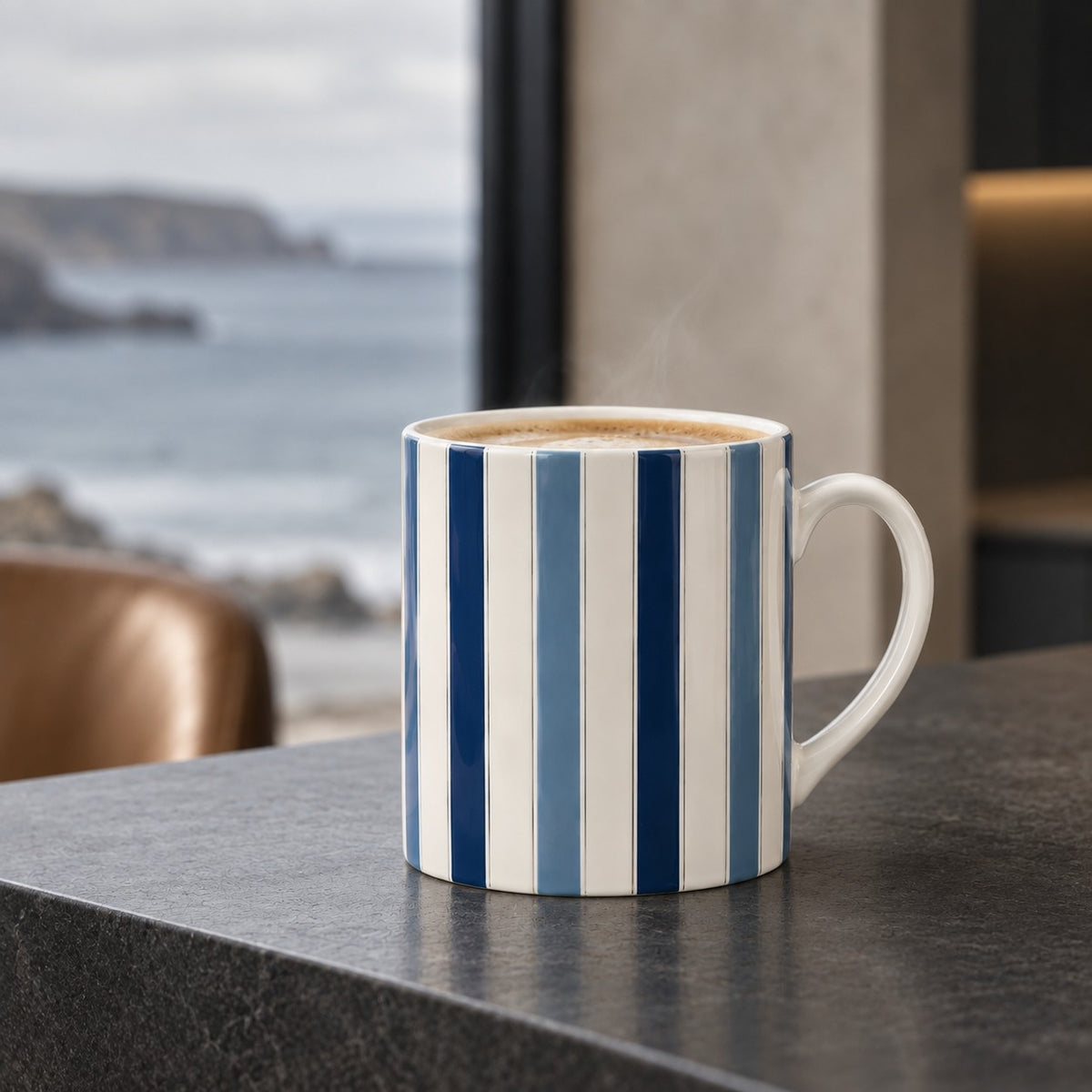 Coastal Stripe fine bone china mug with alternating deep navy, soft coastal blue and warm ivory vertical stripes