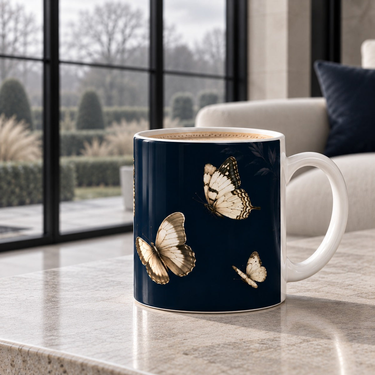 Midnight Butterfly mug with illustrated ivory and antique gold butterflies on a deep midnight navy background