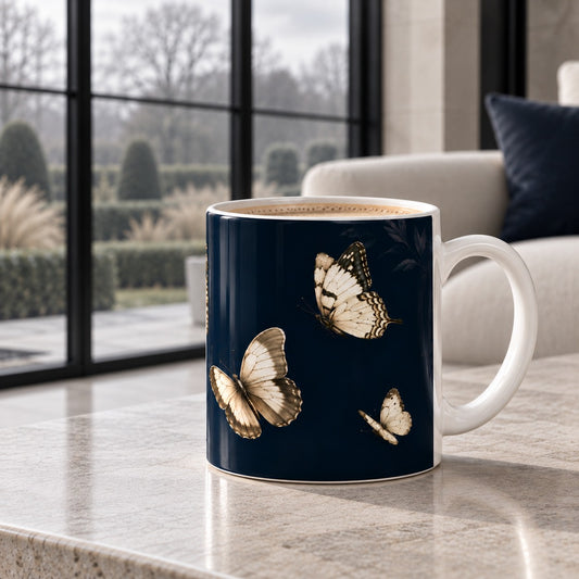 Midnight Butterfly mug with illustrated ivory and antique gold butterflies on a deep midnight navy background