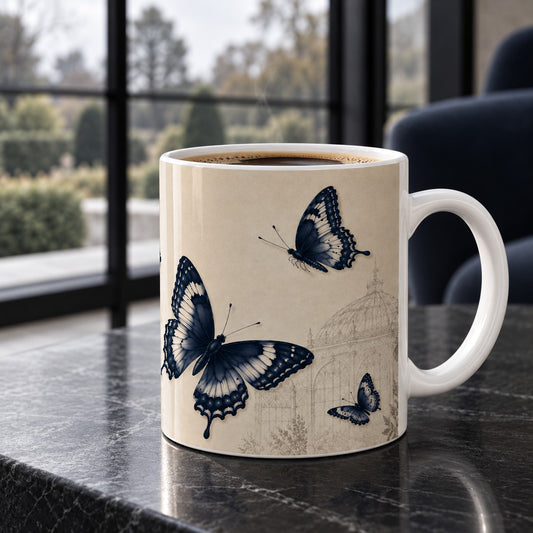 Butterfly Garden mug with illustrated deep blue butterflies and subtle English garden pavilion on a warm ivory background