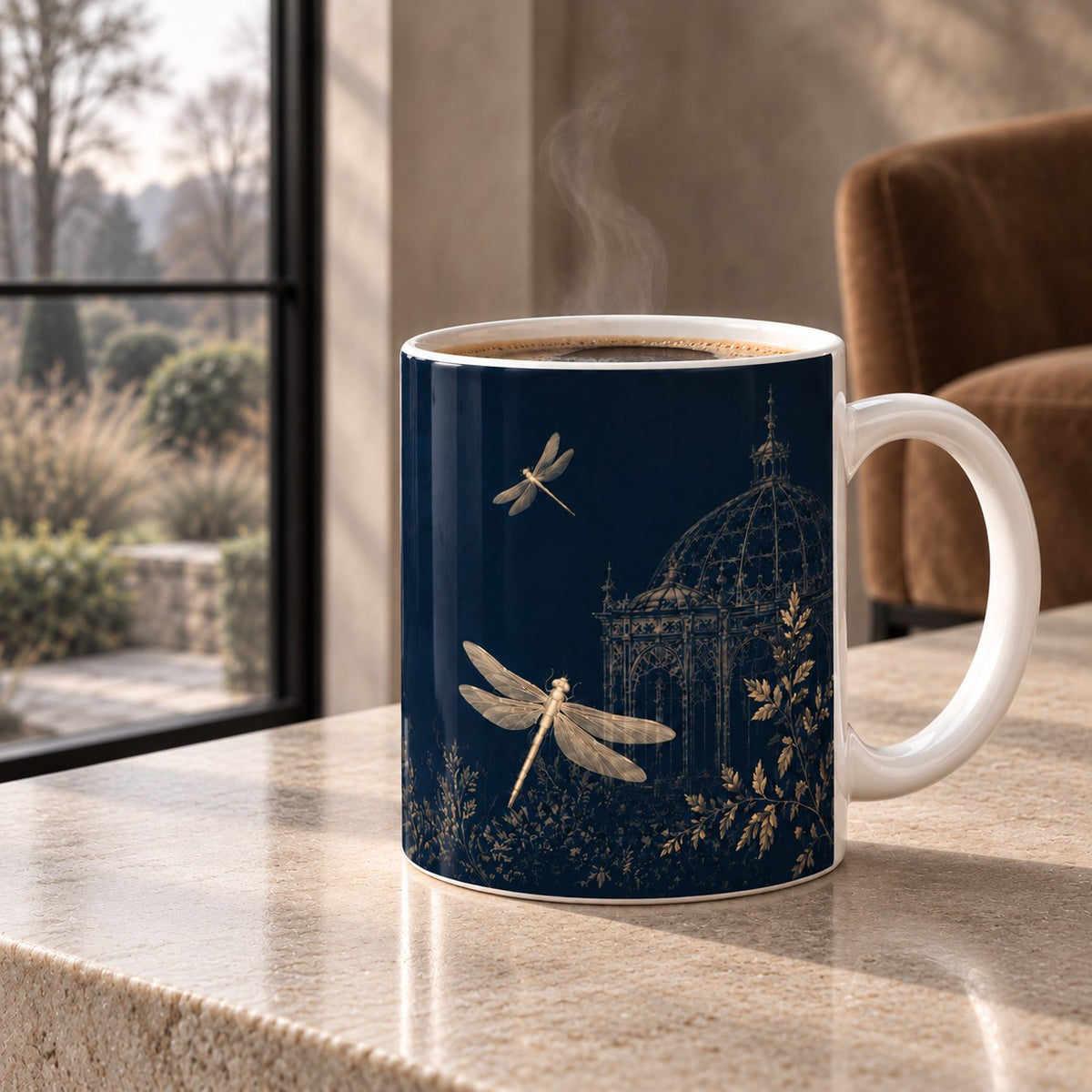 Dragonfly Garden mug with illustrated dragonflies, botanical foliage and ornate garden pavilion on a deep midnight blue background