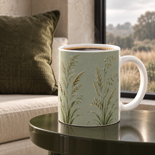 Meadow Grass mug with delicate botanical grasses and seed heads on a soft sage green background