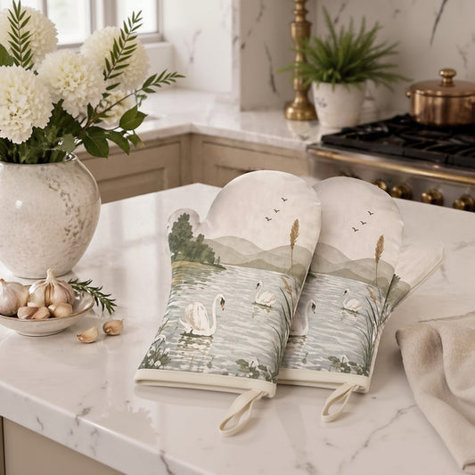 Riverbank Swan Oven Mitts – Watercolour Kitchen Gloves