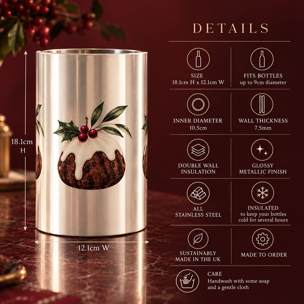 Christmas Pudding Wine Cooler size, insulation, materials and product details