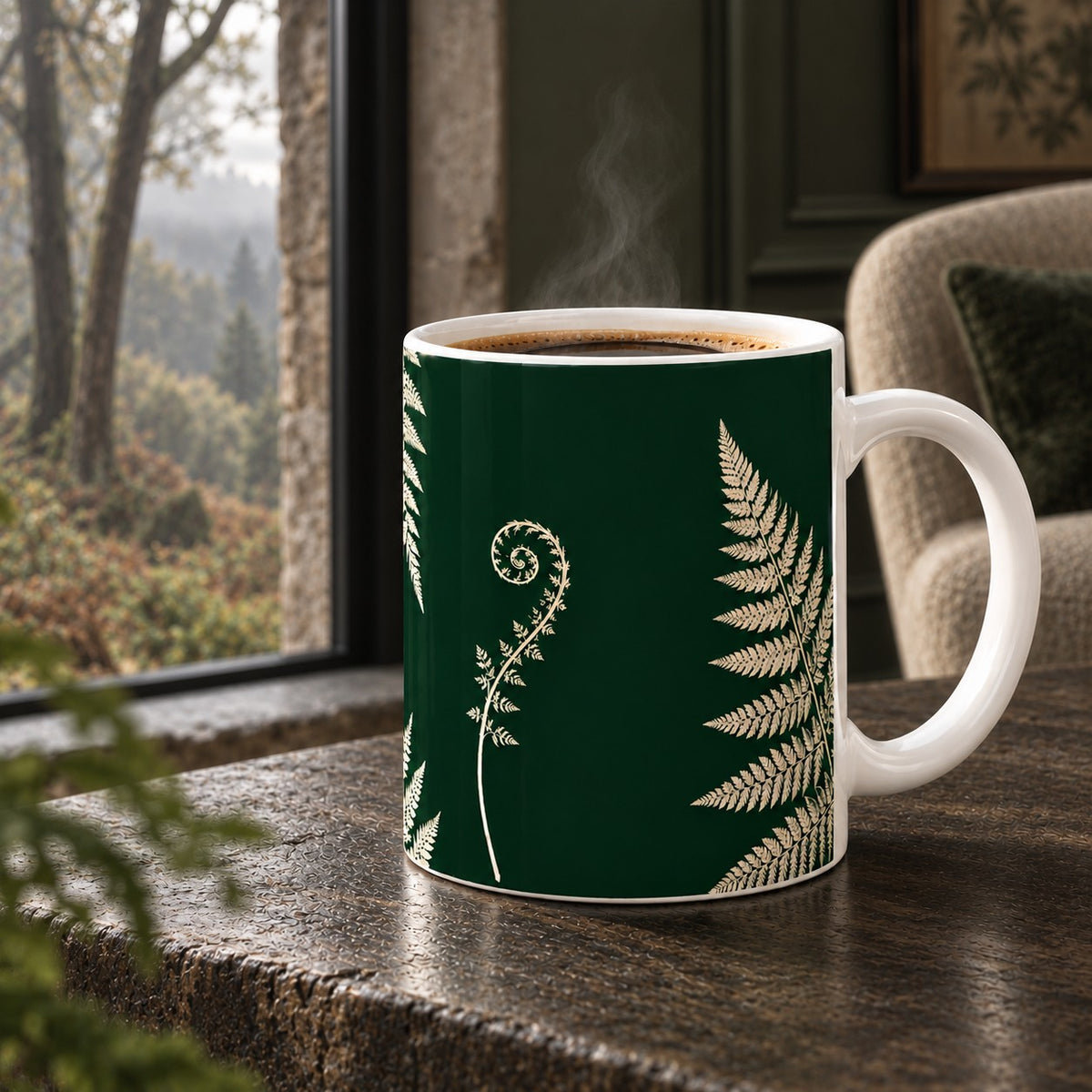 Woodland Fern mug with illustrated ivory fern fronds and unfurling fiddleheads on a rich forest green background