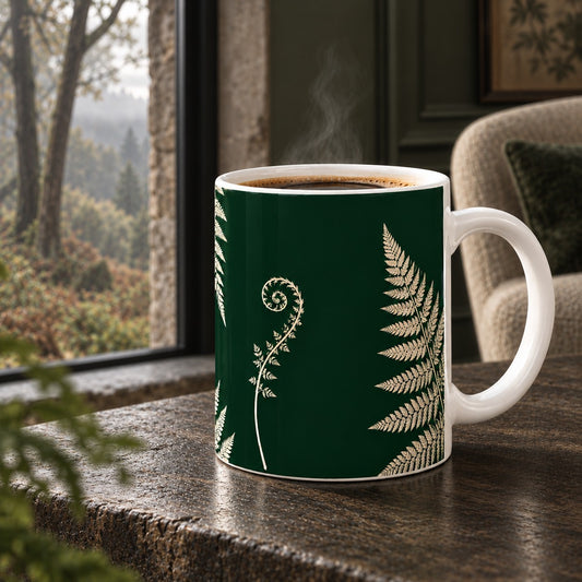 Woodland Fern mug with illustrated ivory fern fronds and unfurling fiddleheads on a rich forest green background