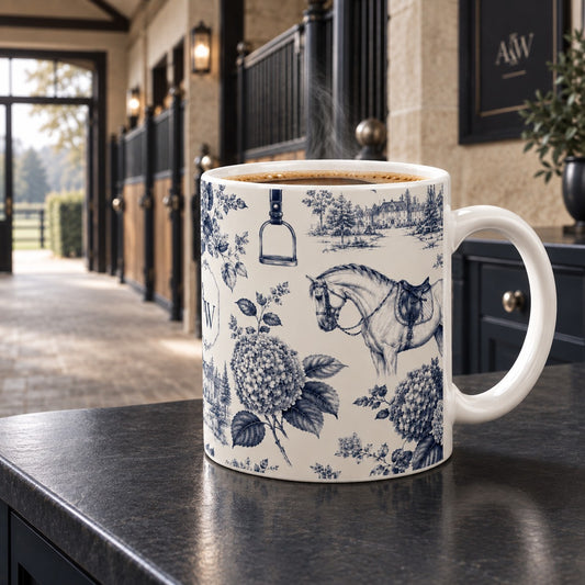 Blue Equestrian Toile Ceramic Mug with saddled horse, country house, stirrup, bit and hydrangea illustrations on warm ivory