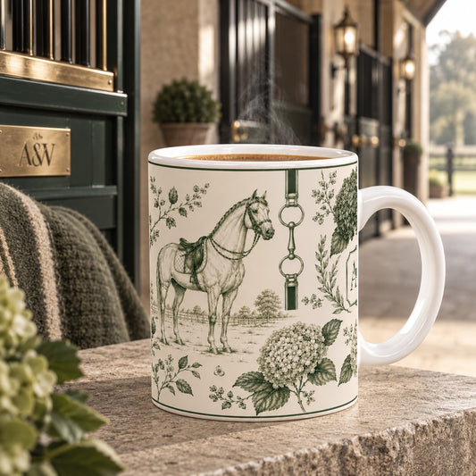 Equestrian Country House Ceramic Mug with horse bridle country house topiary and botanical toile design in heritage green