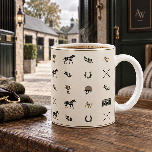 Equestrian Icons Ceramic Mug with racehorses horseshoes riding helmets trophies racing crops and A&W monogram on an ivory background