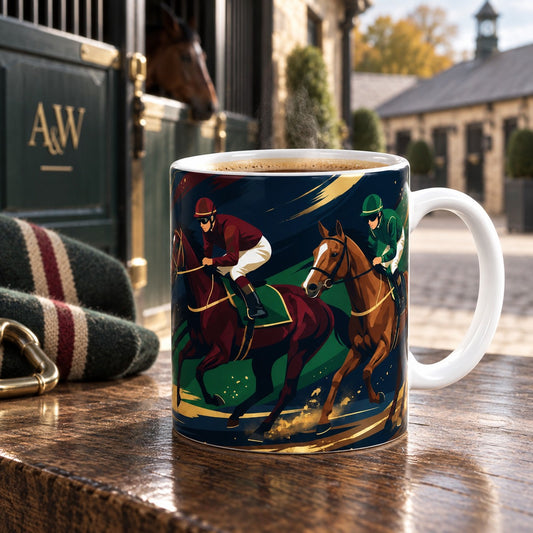 Racing Silks fine bone china mug featuring galloping racehorses and jockeys in burgundy, green, gold and navy racing colours