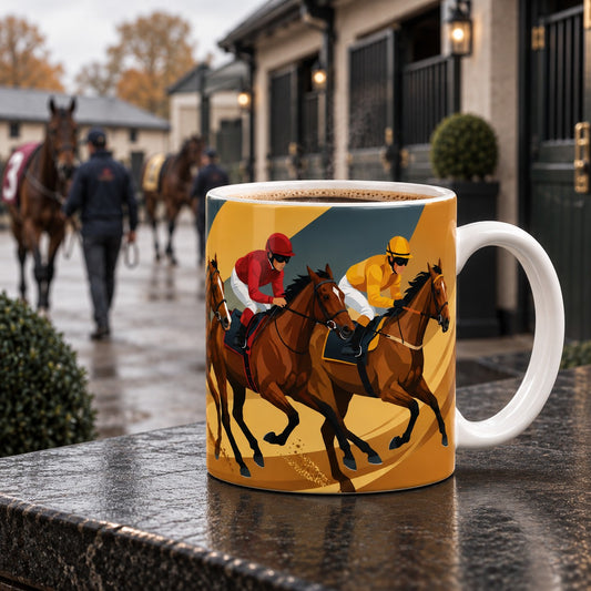 A white ceramic coffee mug with a printed graphic of two jockeys racing on brown horses, set on a wet stone ledge with a blurred horse stable background.