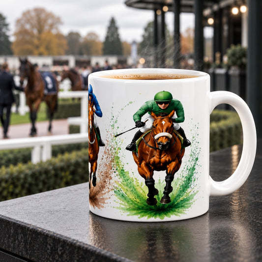 Horse Racing Ceramic Mug featuring illustrated racehorse and jockey in colourful racing silks