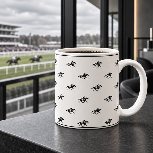 Racehorse Ceramic Mug with repeating black racehorse and jockey illustrations on a warm ivory background