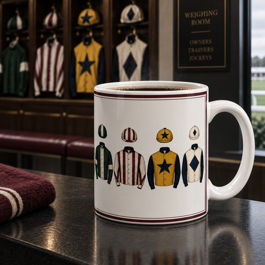 Horse Racing Jockey Silks Ceramic Mug with illustrated racing jackets and caps in burgundy green ochre navy and ivory