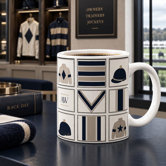 Jockey Colours Ceramic Mug with racing silks caps stripes stars and chevrons in navy ivory and taupe