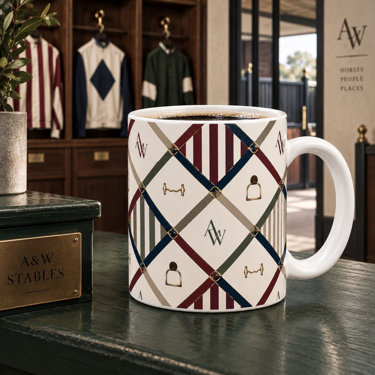Equestrian Racing Colours Ceramic Mug with stirrups snaffle bits buckled straps and jockey silk inspired stripes