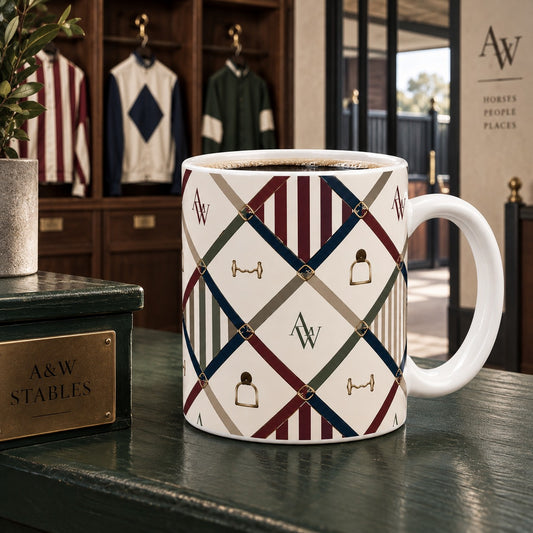 Equestrian Racing Colours Ceramic Mug with stirrups snaffle bits buckled straps and jockey silk inspired stripes