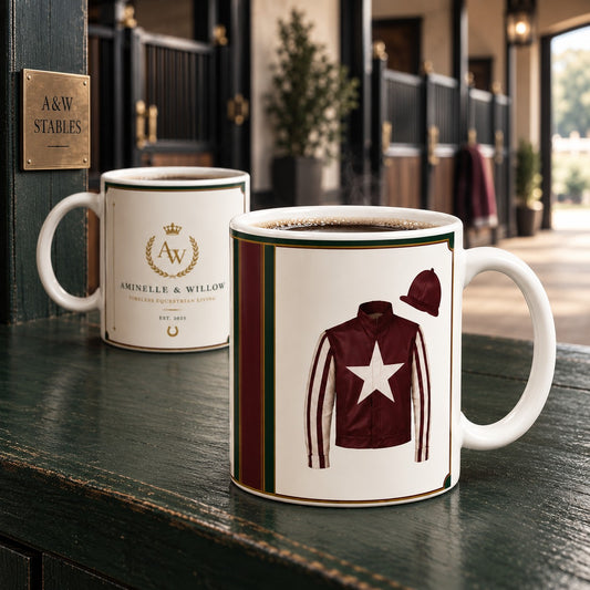 Heritage Jockey Silks Ceramic Mug with burgundy racing silks, green and burgundy stripes and Aminelle & Willow crest