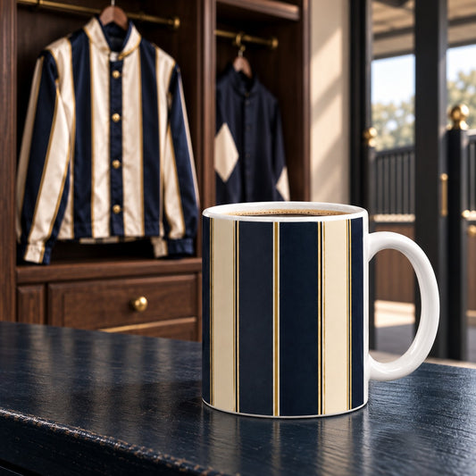 Horse Racing Ceramic Mug with navy ivory and ochre striped design inspired by traditional jockey racing silks