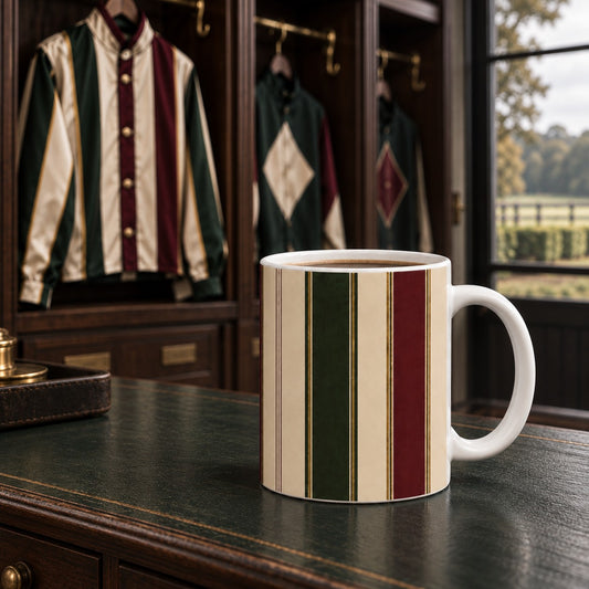 Heritage Racing Stripe Ceramic Mug with burgundy racing green ivory and gold stripes inspired by traditional jockey silks