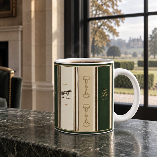 Equestrian Snaffle Ceramic Mug with horse and snaffle bit illustrations in deep green ivory and antique gold