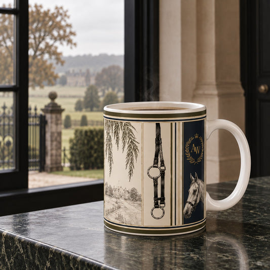 Equestrian Heritage Ceramic Mug with riding boots, riding hat, bridle and horse illustrations in deep green ivory and antique gold