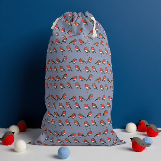 Blue Christmas Sack with Charming Christmas Robins