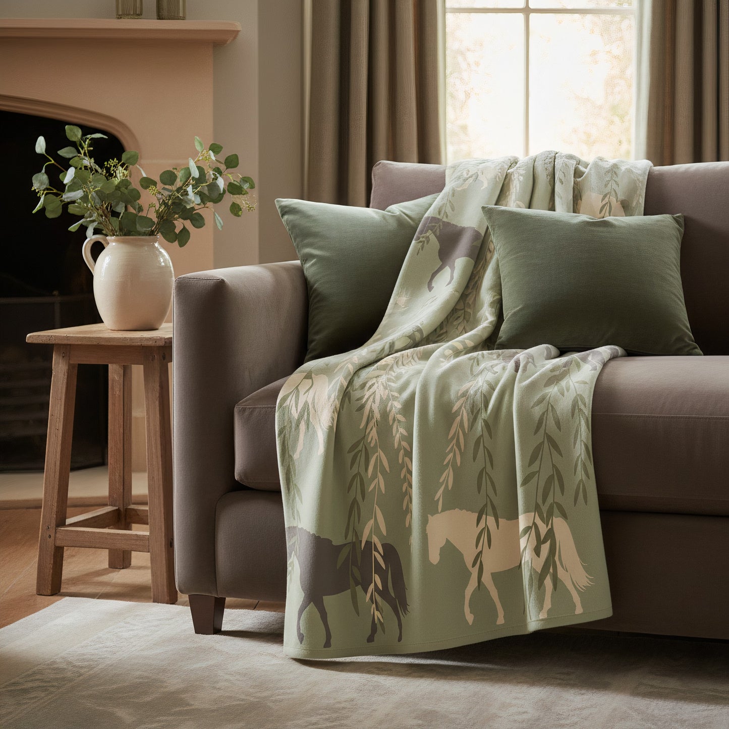 Sage Horse & Willow Blanket – Country Style Equestrian Throw